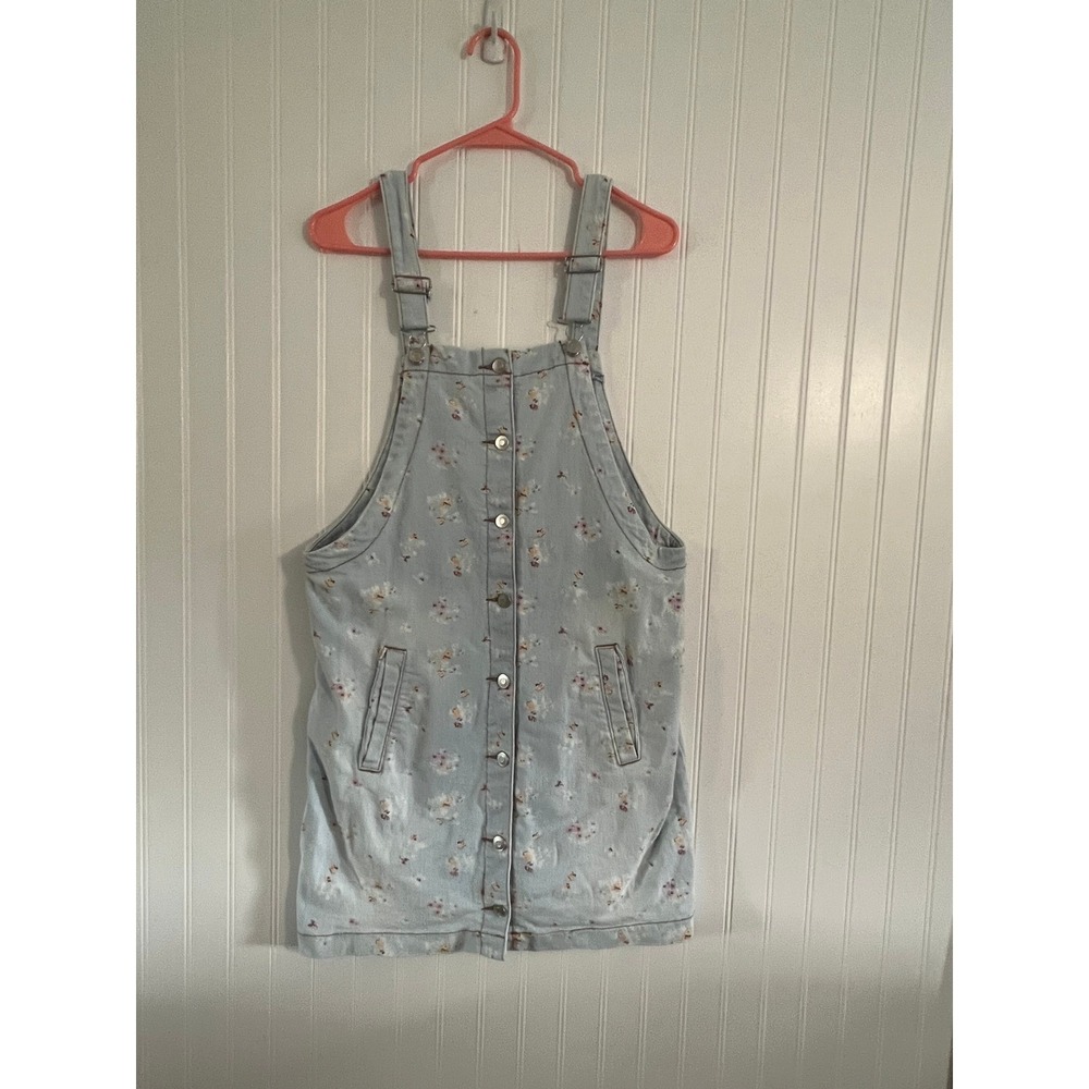 Celebrity Pink Floral Print Denim Button Front Overall Dress Light Wash Medium‎